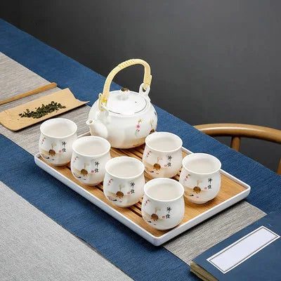 Porcelain 1 Pot 6 Cups Tea Set Chinese Style Ceramic Kung Fu Infuser Teapot Kettle Portable Tea Ceremony Teaware Sets with Tray