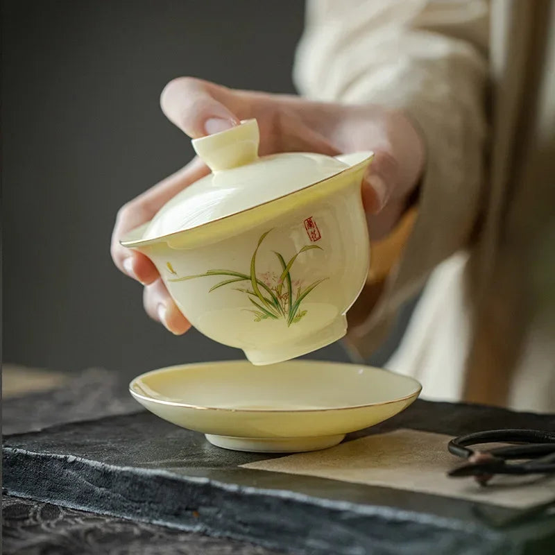 Porcelain Gaiwan Chinese Handmade Teacup Hand-painted Flowers Sancai Tea Tureen Tea Set Accessories Ceramic Travel Tea Bowl