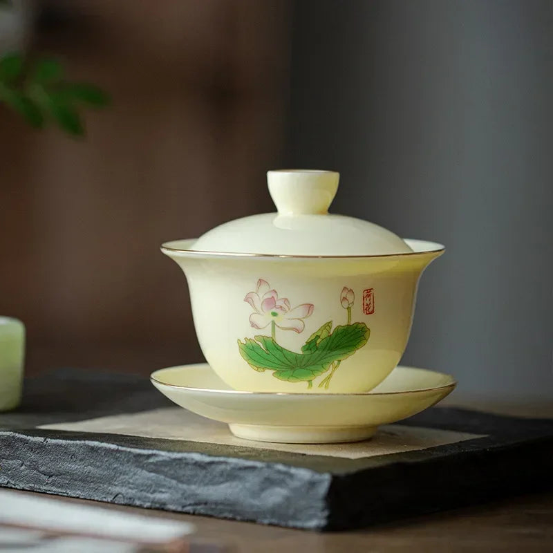 Porcelain Gaiwan Chinese Handmade Teacup Hand-painted Flowers Sancai Tea Tureen Tea Set Accessories Ceramic Travel Tea Bowl