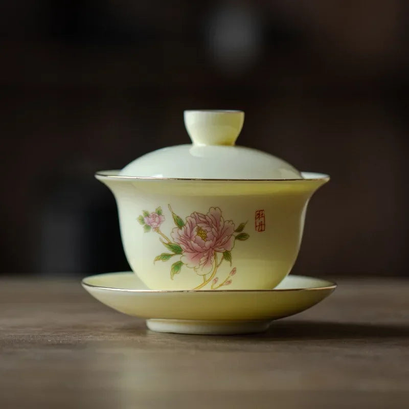 Porcelain Gaiwan Chinese Handmade Teacup Hand-painted Flowers Sancai Tea Tureen Tea Set Accessories Ceramic Travel Tea Bowl