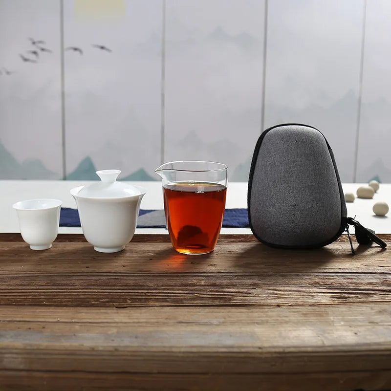 Porcelain Service Gaiwan Tea Cups Mug of Tea Ceremony Teapot,Chinese Portable Kung Fu Travel Tea Set, Ceramic Teacup with bag