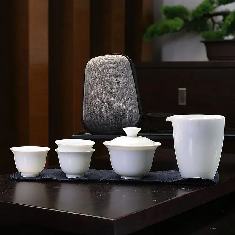 Porcelain Service Gaiwan Tea Cups Mug of Tea Ceremony Teapot,Chinese Portable Kung Fu Travel Tea Set, Ceramic Teacup with bag