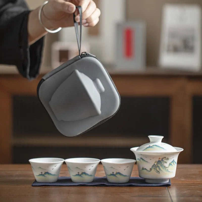 Portable Ceramic Gaiwan Teacup Set with Travel Kit Kung Fu Teaware Tea Tureen Outdoor Tea Cups Chinese Tea Bowl Cups