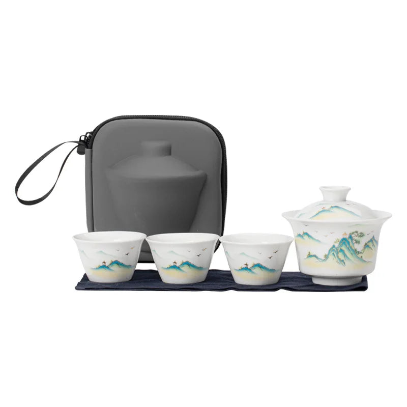 Portable Ceramic Gaiwan Teacup Set with Travel Kit Kung Fu Teaware Tea Tureen Outdoor Tea Cups Chinese Tea Bowl Cups