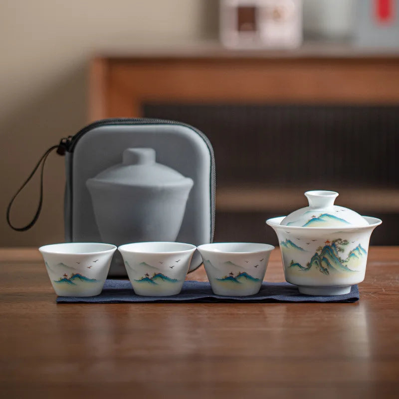 Portable Ceramic Gaiwan Teacup Set with Travel Kit Kung Fu Teaware Tea Tureen Outdoor Tea Cups Chinese Tea Bowl Cups