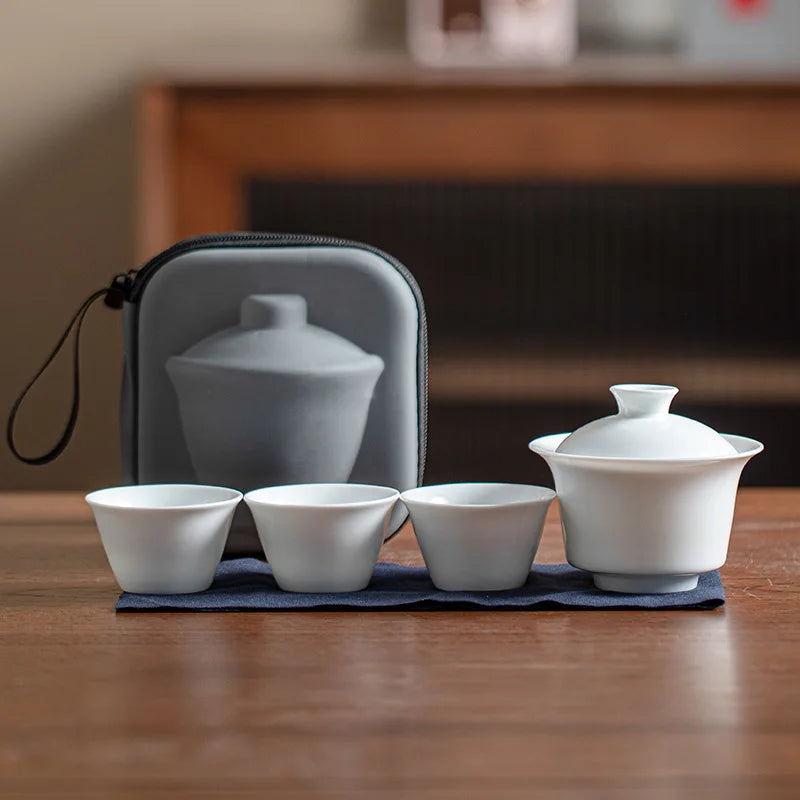 Portable Ceramic Gaiwan Teacup Set with Travel Kit Kung Fu Teaware Tea Tureen Outdoor Tea Cups Chinese Tea Bowl Cups