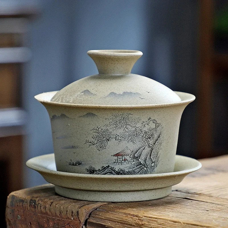 Pottery Sancai Gaiwan Chinese Purple Clay Teacups Handpainted Kung Fu Teaware Tea Bowls Ceramic Tea Tureen Set Tea Cups