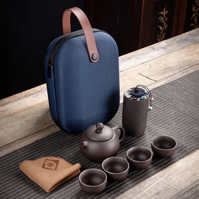 Purple Clay Kung Fu Teapot 230ml Chinese Porcelain Yixing Zisha Tea Pot 4 Cups Kung Fu Travel Tea Cup Handmade Tea Pot Cup Set