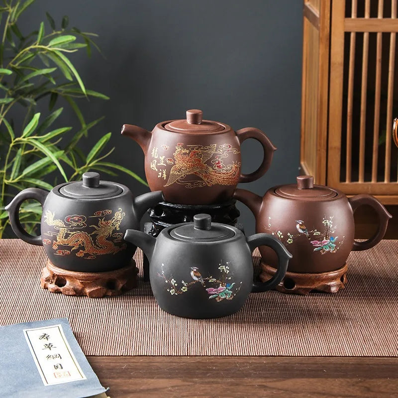 Purple Clay Teapots Large Capacity Flowers and Birds Teapot Handmade Zhu Mud Dragon Pattern Tea Infuser Chinese Tea Set