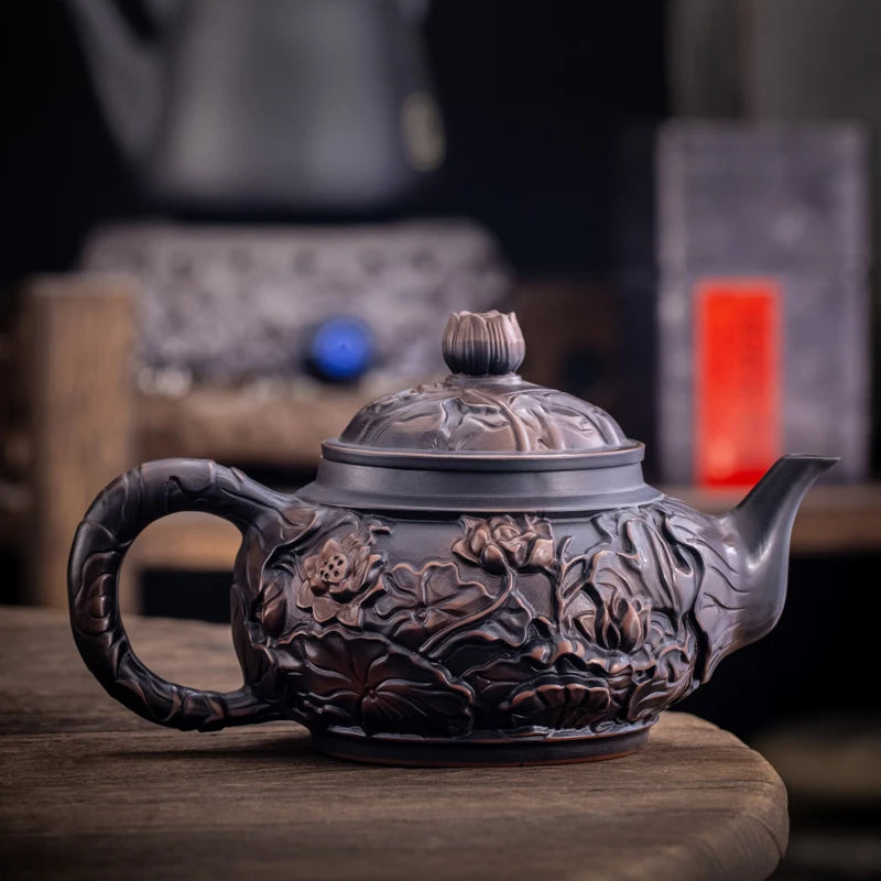 Purple Pottery Teapot Hand Carving  Ceramic Drink Pot Kettle Pot Kung Fu Tea Set Pure  Teapot Teapot for Tea Puer Tea