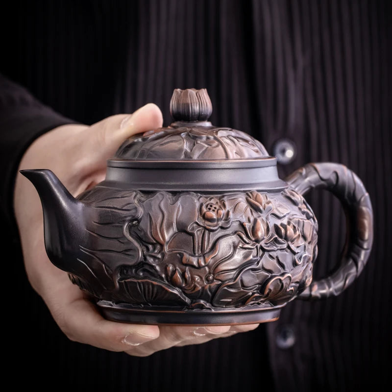 Purple Pottery Teapot Hand Carving  Ceramic Drink Pot Kettle Pot Kung Fu Tea Set Pure  Teapot Teapot for Tea Puer Tea