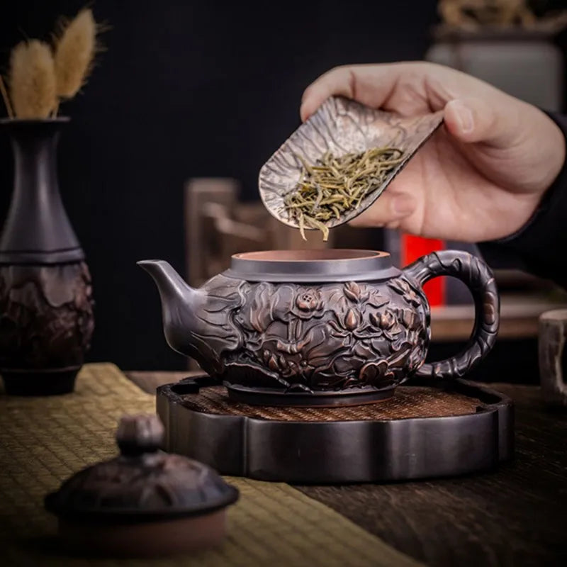 Purple Pottery Teapot Hand Carving  Ceramic Drink Pot Kettle Pot Kung Fu Tea Set Pure  Teapot Teapot for Tea Puer Tea