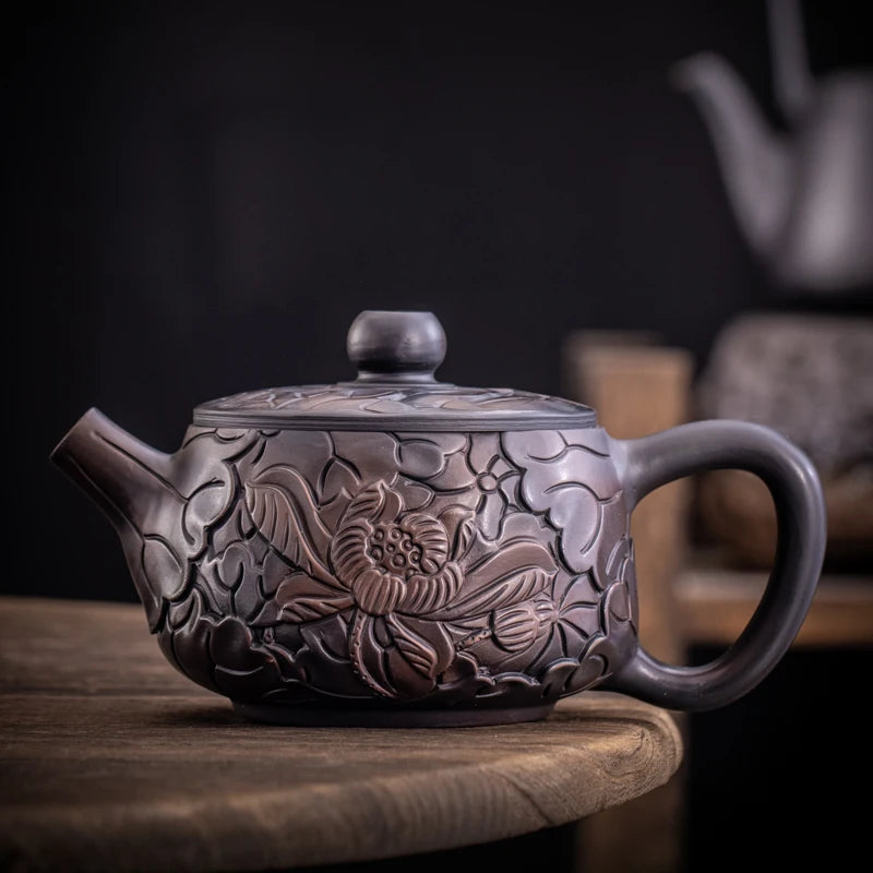 Purple Pottery Teapot Hand Carving  Ceramic Drink Pot Kettle Pot Kung Fu Tea Set Pure  Teapot Teapot for Tea Puer Tea