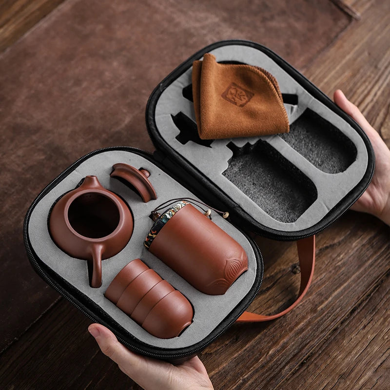 Purple Sand Tea Cups Ceramic Portable Teapot Set Outdoor Travel Gaiwan Tea Cups Tea Ceremony Teacup Fine Gift Kung Fu Tea Set