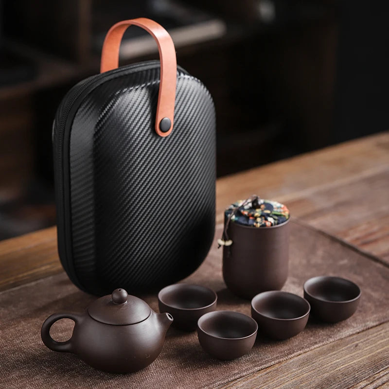 Purple Sand Tea Cups Ceramic Portable Teapot Set Outdoor Travel Gaiwan Tea Cups Tea Ceremony Teacup Fine Gift Kung Fu Tea Set