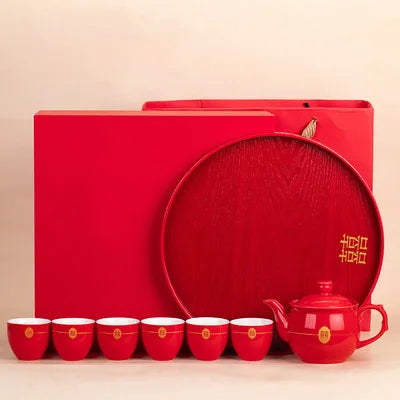 Red Teapot Ceramics Tea Set Traditional China Wedding Tea Cups Pot Porcelain Party Banquet Kettle Teaware Souvenir Gift Supply
