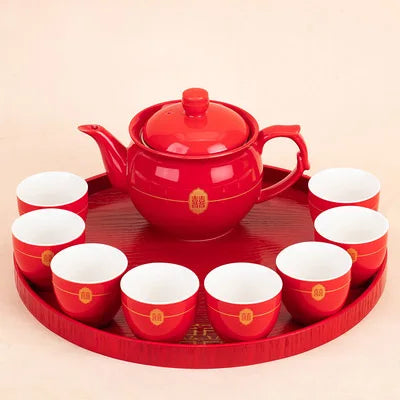 Red Teapot Ceramics Tea Set Traditional China Wedding Tea Cups Pot Porcelain Party Banquet Kettle Teaware Souvenir Gift Supply