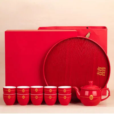 Red Teapot Ceramics Tea Set Traditional China Wedding Tea Cups Pot Porcelain Party Banquet Kettle Teaware Souvenir Gift Supply