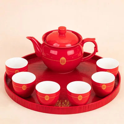 Red Teapot Ceramics Tea Set Traditional China Wedding Tea Cups Pot Porcelain Party Banquet Kettle Teaware Souvenir Gift Supply