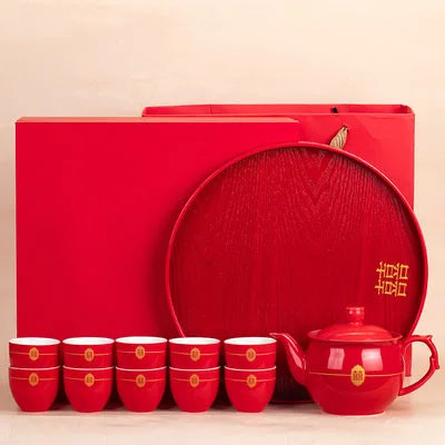 Red Teapot Ceramics Tea Set Traditional China Wedding Tea Cups Pot Porcelain Party Banquet Kettle Teaware Souvenir Gift Supply