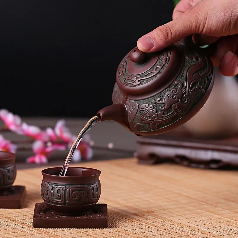 Retro Bronze Flat Tea Set, Large Teapot, Antique Dragon Tea Cup, Yixing Purple Sand, Kungfu Bubble Teapot