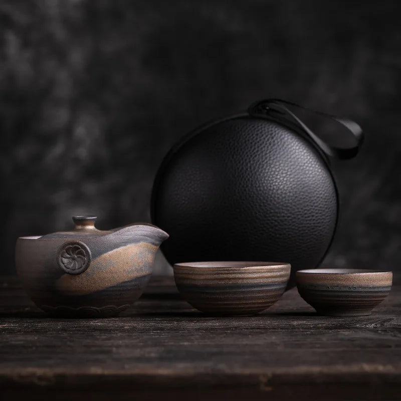 Retro Ceramics Teaware Suit Stoneware Kiln Change Teapot Chinese Tea Ceremony Travel Portable Tea Set 1 Pot and 2 Cups