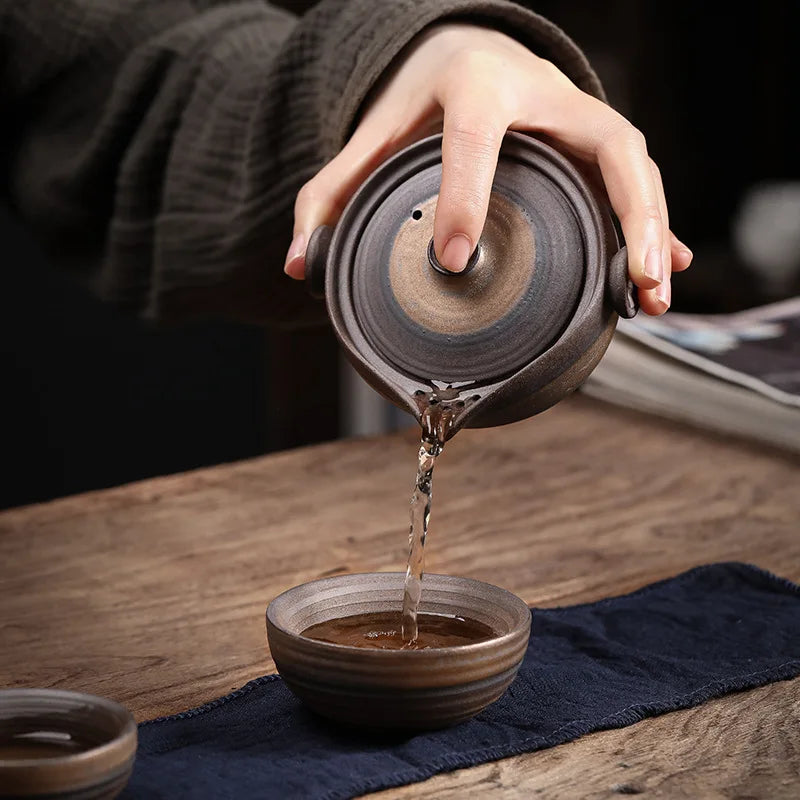 Retro Ceramics Teaware Suit Stoneware Kiln Change Teapot Chinese Tea Ceremony Travel Portable Tea Set 1 Pot and 2 Cups