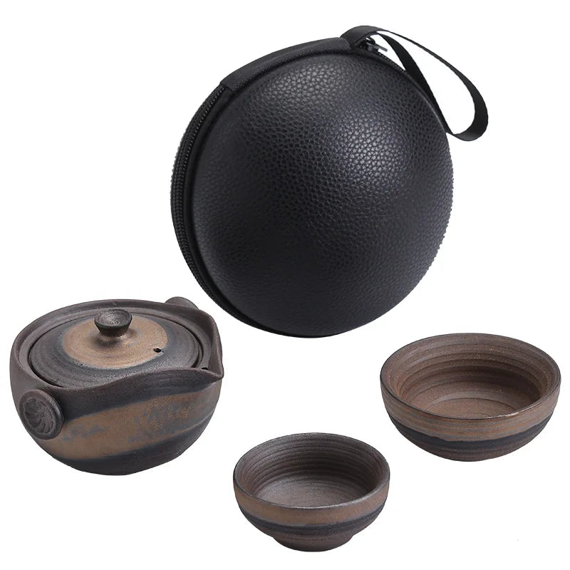 Retro Ceramics Teaware Suit Stoneware Kiln Change Teapot Chinese Tea Ceremony Travel Portable Tea Set 1 Pot and 2 Cups