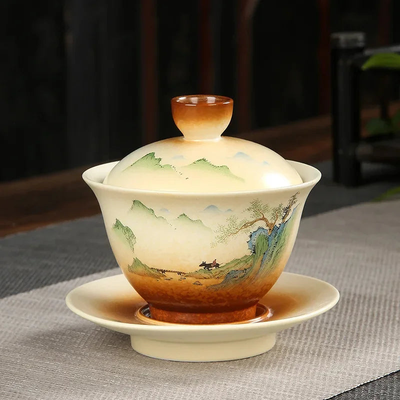 Retro Pottery Sancai Gaiwan Japanese Style Tea Tureen Ceramic Teaware Tea Set Home Decor Handpainted Kung Fu Tea Cups