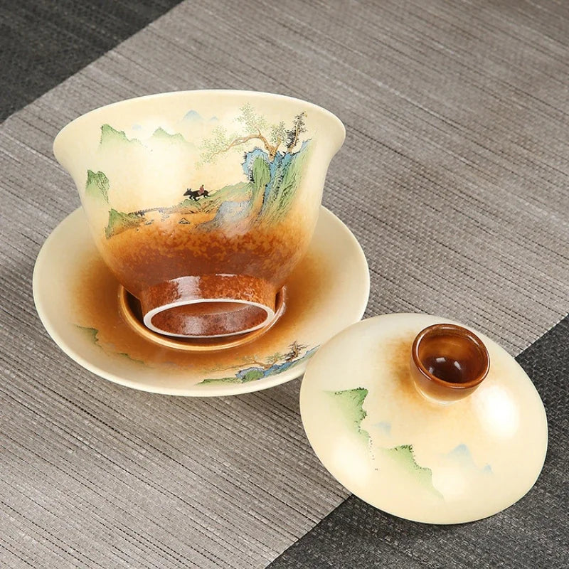 Retro Pottery Sancai Gaiwan Japanese Style Tea Tureen Ceramic Teaware Tea Set Home Decor Handpainted Kung Fu Tea Cups