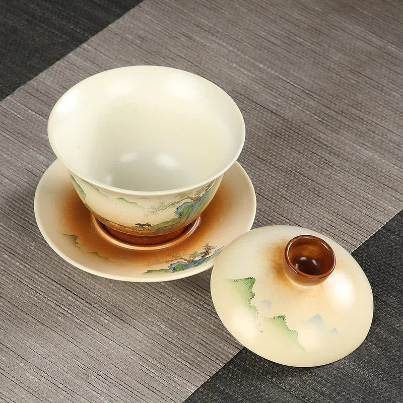 Retro Pottery Sancai Gaiwan Japanese Style Tea Tureen Ceramic Teaware Tea Set Home Decor Handpainted Kung Fu Tea Cups