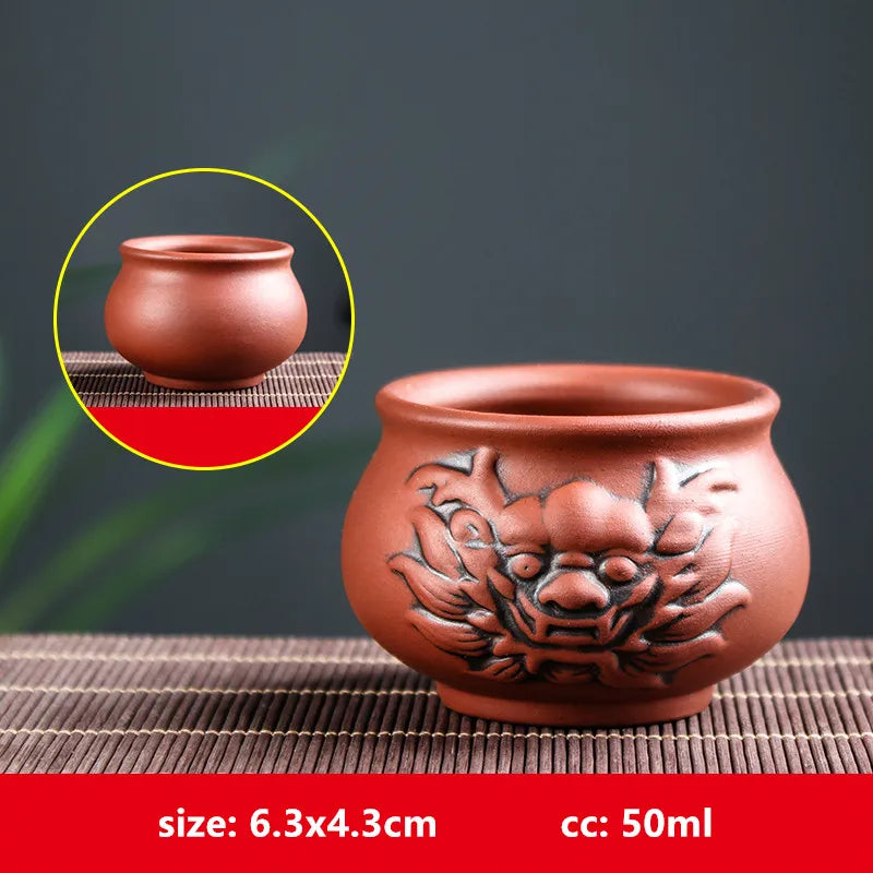 Retro Purple Clay Dragon Pattern Tea Bowl Zhu Mud Teacup Handmade Relief Dragon and Phoenix Tea Cup Portable Master Cup Tea Set