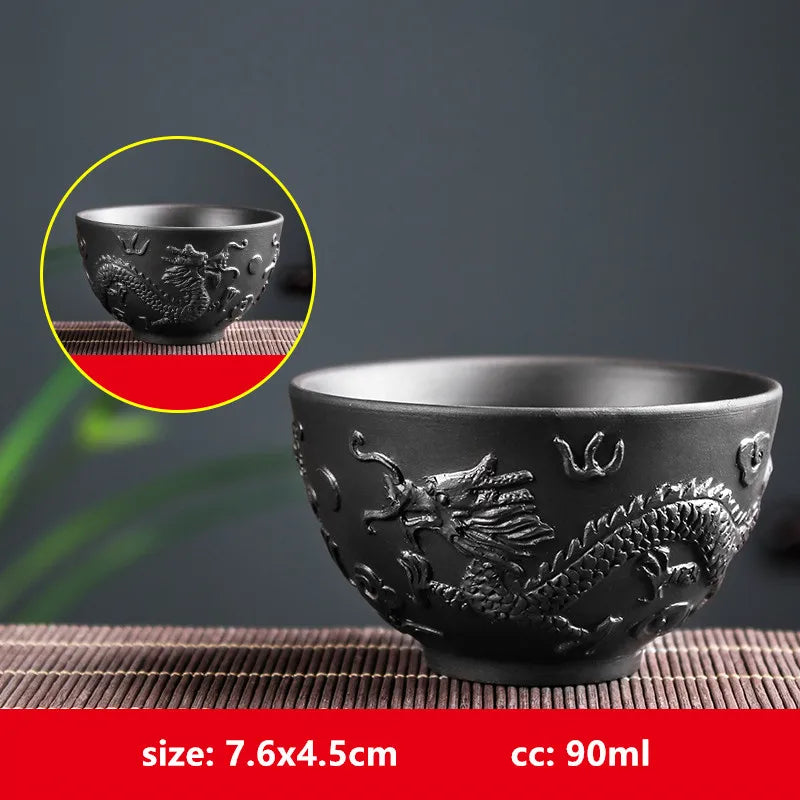 Retro Purple Clay Dragon Pattern Tea Bowl Zhu Mud Teacup Handmade Relief Dragon and Phoenix Tea Cup Portable Master Cup Tea Set