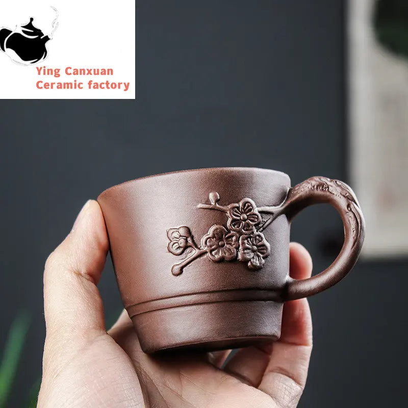 Retro Purple Clay Dragon Pattern Tea Bowl Zhu Mud Teacup Handmade Relief Dragon and Phoenix Tea Cup Portable Master Cup Tea Set