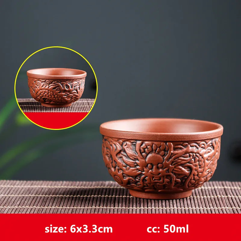Retro Purple Clay Dragon Pattern Tea Bowl Zhu Mud Teacup Handmade Relief Dragon and Phoenix Tea Cup Portable Master Cup Tea Set