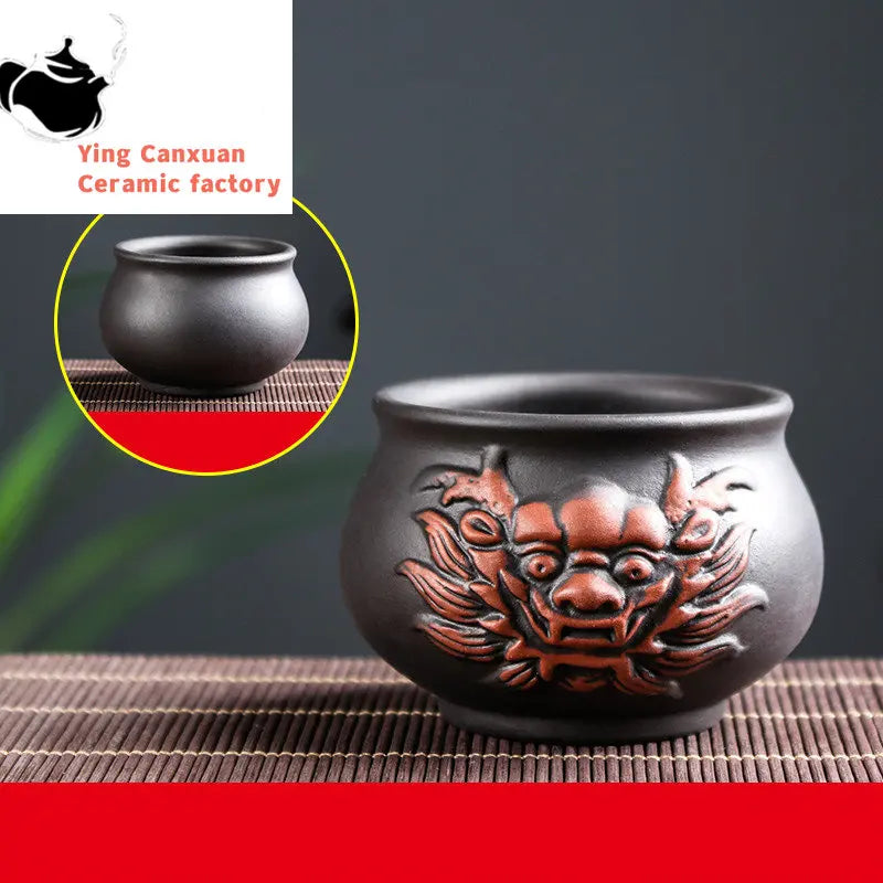 Retro Purple Clay Dragon Pattern Tea Bowl Zhu Mud Teacup Handmade Relief Dragon and Phoenix Tea Cup Portable Master Cup Tea Set
