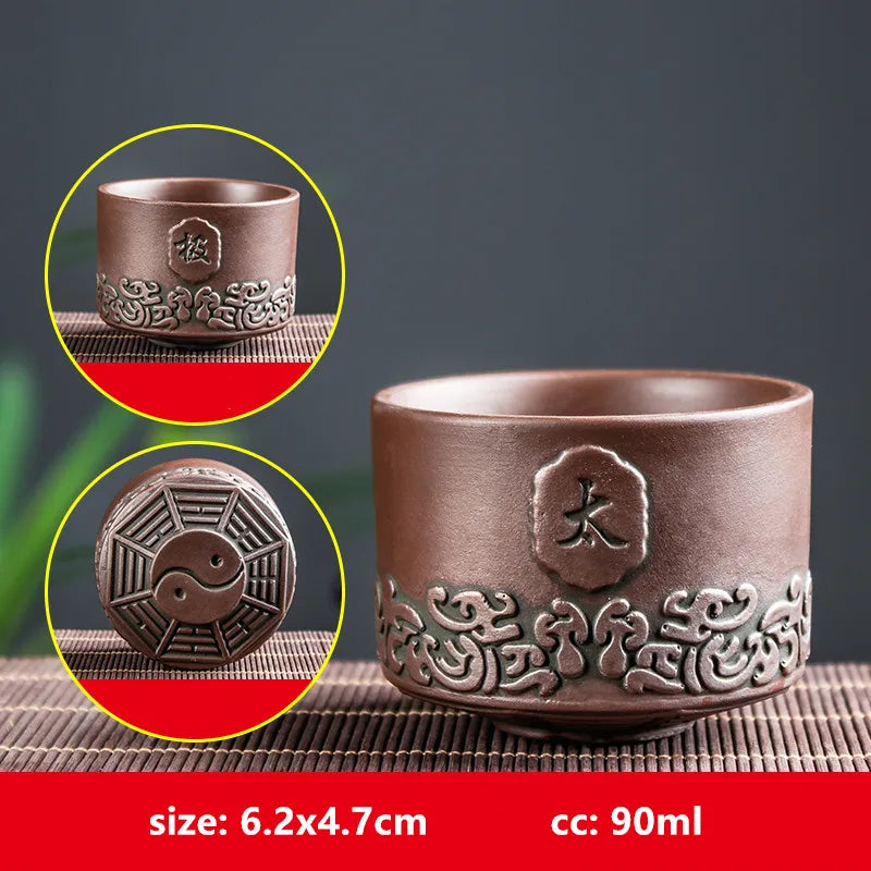 Retro Purple Clay Dragon Pattern Tea Bowl Zhu Mud Teacup Handmade Relief Dragon and Phoenix Tea Cup Portable Master Cup Tea Set