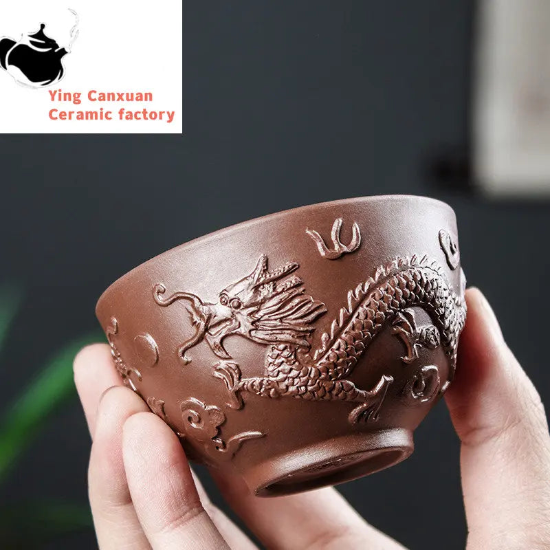 Retro Purple Clay Dragon Pattern Tea Bowl Zhu Mud Teacup Handmade Relief Dragon and Phoenix Tea Cup Portable Master Cup Tea Set
