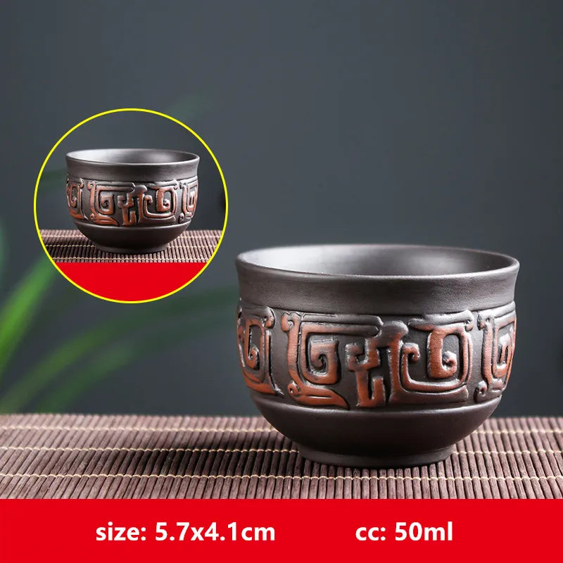 Retro Purple Clay Dragon Pattern Tea Bowl Zhu Mud Teacup Handmade Relief Dragon and Phoenix Tea Cup Portable Master Cup Tea Set
