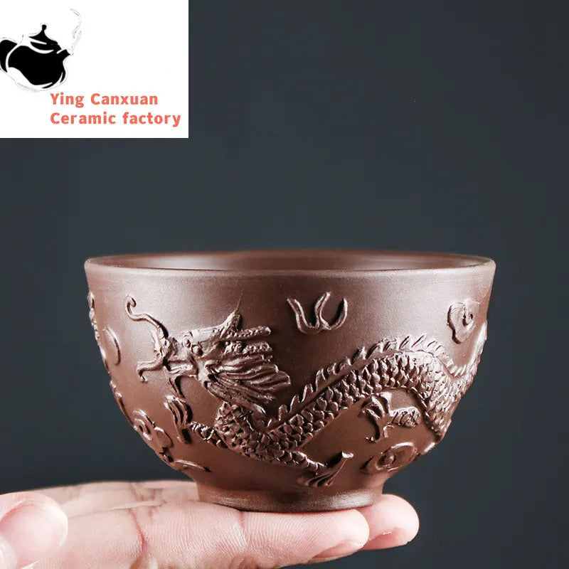 Retro Purple Clay Dragon Pattern Tea Bowl Zhu Mud Teacup Handmade Relief Dragon and Phoenix Tea Cup Portable Master Cup Tea Set