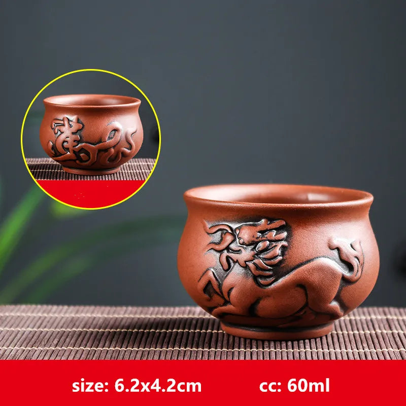 Retro Purple Clay Dragon Pattern Tea Bowl Zhu Mud Teacup Handmade Relief Dragon and Phoenix Tea Cup Portable Master Cup Tea Set