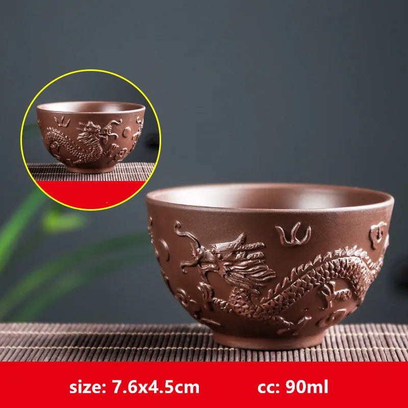 Retro Purple Clay Dragon Pattern Tea Bowl Zhu Mud Teacup Handmade Relief Dragon and Phoenix Tea Cup Portable Master Cup Tea Set