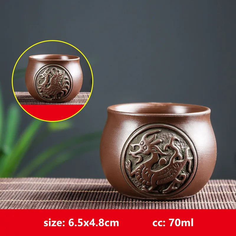 Retro Purple Clay Dragon Pattern Tea Bowl Zhu Mud Teacup Handmade Relief Dragon and Phoenix Tea Cup Portable Master Cup Tea Set