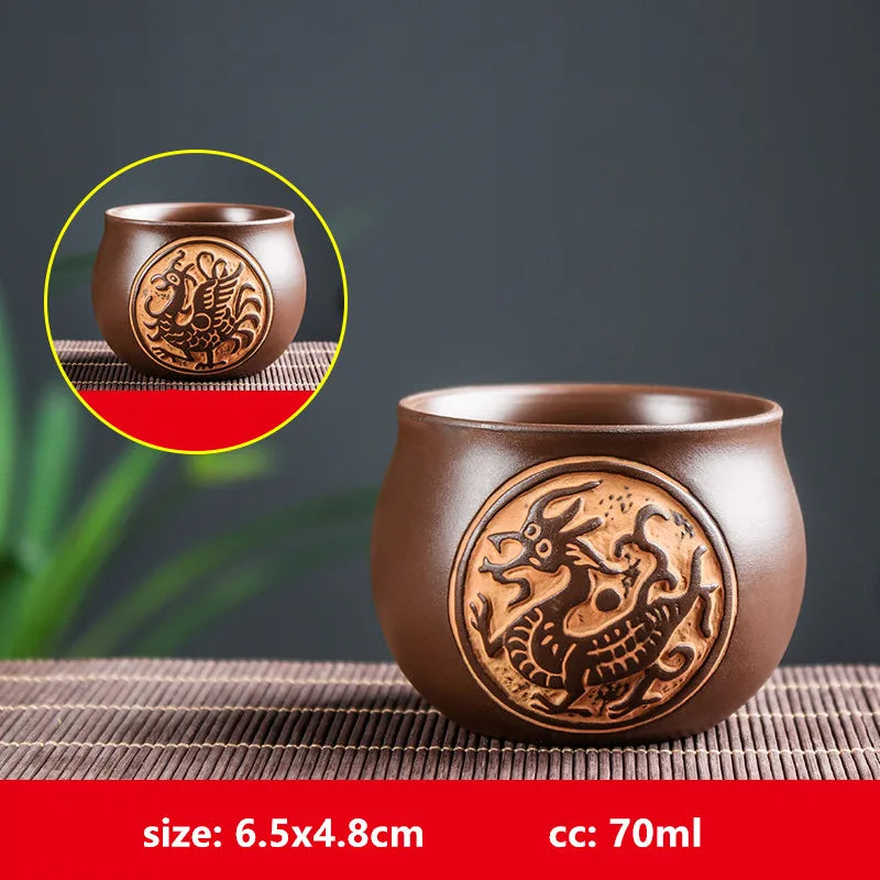 Retro Purple Clay Dragon Pattern Tea Bowl Zhu Mud Teacup Handmade Relief Dragon and Phoenix Tea Cup Portable Master Cup Tea Set