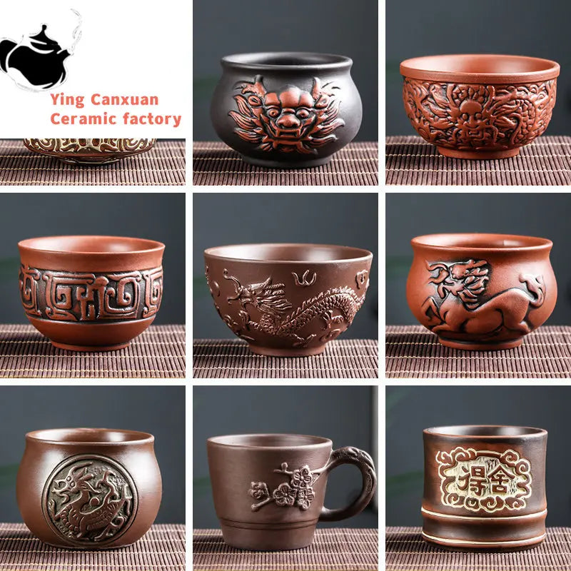 Retro Purple Clay Dragon Pattern Tea Bowl Zhu Mud Teacup Handmade Relief Dragon and Phoenix Tea Cup Portable Master Cup Tea Set