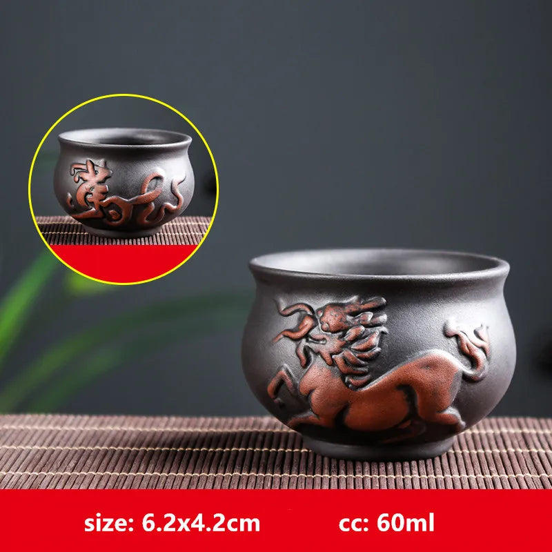 Retro Purple Clay Dragon Pattern Tea Bowl Zhu Mud Teacup Handmade Relief Dragon and Phoenix Tea Cup Portable Master Cup Tea Set