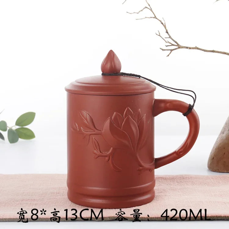 Retro Yixing Mug with Lid Peach Bamboo Purple Clay Tea Cup 400ml Teacup Office Zisha Tea Mug Traditional Chinese Teaware