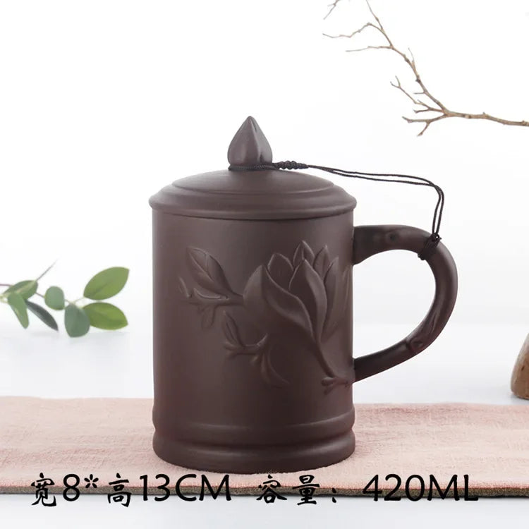 Retro Yixing Mug with Lid Peach Bamboo Purple Clay Tea Cup 400ml Teacup Office Zisha Tea Mug Traditional Chinese Teaware
