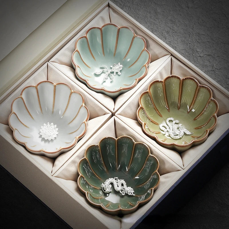 Ru Kiln Inlaid Silver Tea Cup Master Cup Kung Fu Tea Set Ceramic Tea Cup Retro Large Tea Bowl Exquisite Handmade Petal Teacup