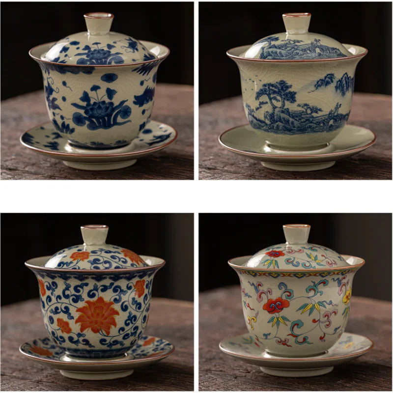 Ru Kiln Three Talents Gaiwan Tea Cup Kung Fu Tea Set Tea Bowl with Cover Teacup Antique Ceramic Tea Cup Chinese Gaiwan Tea Set